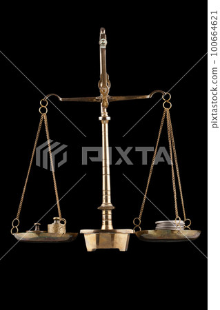 Bronze traditional balance scale set with weights and silver coins on black. Bronze traditional balance scale set with weights and silver coins on black. 100664621