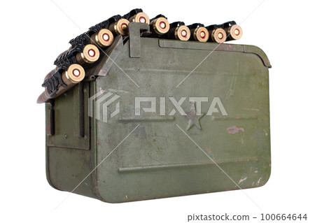 Ammo box with ammunition belt and 12.7mm cartridges for heavy machine gun DSHK used by the former Soviet Union isolated on white. 100664644
