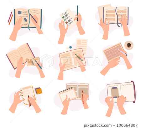 Top View Of Hands Making Notes, With A Pen And Notepads Isolated Set. Concept of Education, Writing, Productivity 100664807