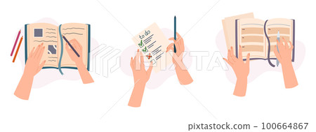 Top View Image Of Hands Holding Pen And Making Notes or To-do List On Paper Notebook or Diary, Illustration, Icons Top View Image Of Hands Holding Pen And Making Notes or To-do List On Paper Notebook or Diary, Illustration, Icons 100664867