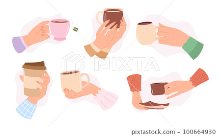 Set of Hands Grasp Warm Mugs Filled With Steamy Beverages, Concept of Comfort And Coziness For Marketing Products 100664930