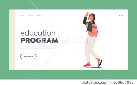 Education Program Landing Page Template. Cheerful Girl Student Character Waving Hand With Backpack On Back Education Program Landing Page Template. Cheerful Girl Student Character Waving Hand With Backpack On Back 100665092