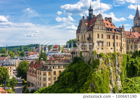 Sigmaringen Castle rises above city, Baden-Wurttemberg, Germany 100665190