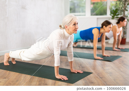 Elderly woman doing fitness in fitness studio 100666026