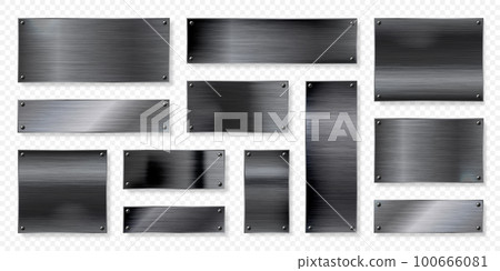 Realistic black metal banners collection. Brushed steel or aluminium plate, panel with screws. Polished metal surface. Old grunge texture with scratches. Vector illustration Realistic black metal banners collection. Brushed steel or aluminium plate, panel with screws. Polished metal surface. Old grunge texture with scratches. Vector illustration 100666081