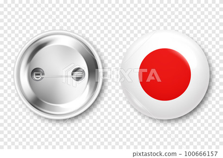 Realistic button badge with printed Japanese flag. Souvenir from Japan. Glossy pin badge with shiny metal clasp. Product mockup for advertising and promotion. Vector illustration 100666157