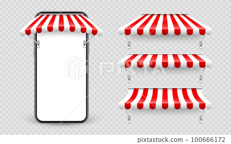 Smartphone with shop sunshade and metal mount, online internet shopping. Realistic red striped cafe awning. Outdoor market tent. Roof canopy. Summer street store. Vector illustration Smartphone with shop sunshade and metal mount, online internet shopping. Realistic red striped cafe awning. Outdoor market tent. Roof canopy. Summer street store. Vector illustration 100666172