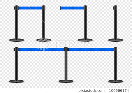 Realistic blue retractable belt stanchion. Crowd control barrier posts with caution strap. Queue lines. Restriction border and danger tape. Attention, warning sign. Vector illustration Realistic blue retractable belt stanchion. Crowd control barrier posts with caution strap. Queue lines. Restriction border and danger tape. Attention, warning sign. Vector illustration 100666174