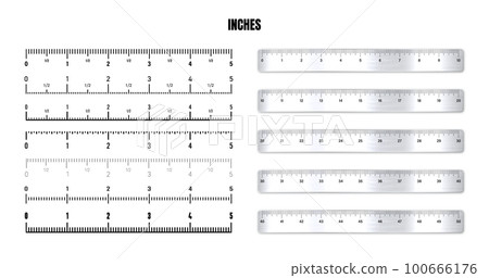 Realistic metal rulers with black inch scale for measuring length or height. Various measurement scales with divisions. Ruler, tape measure marks, size indicators. Vector illustration Realistic metal rulers with black inch scale for measuring length or height. Various measurement scales with divisions. Ruler, tape measure marks, size indicators. Vector illustration 100666176
