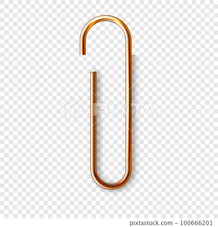 Realistic copper paperclip attached to paper isolated on white background. Shiny metal paper clip, page holder, binder. Workplace office supplies. Vector illustration 100666201