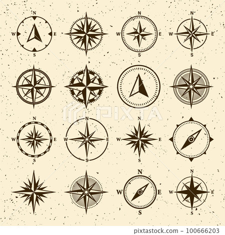 Vintage marine wind rose, nautical chart. Monochrome navigational compass with cardinal directions of North, East, South, West. Geographical position, cartography and navigation. Vector illustration. 100666203