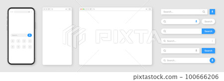 Smartphone, blank internet browser window with various search bar templates. Web site engine with search box, address bar and text field. UI design, website interface elements. Vector illustration Smartphone, blank internet browser window with various search bar templates. Web site engine with search box, address bar and text field. UI design, website interface elements. Vector illustration 100666206