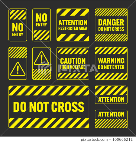 Various yellow warning signs with diagonal lines. Attention, danger or caution sign, construction site signage. Realistic notice signboard, warning banner, road shield. Vector illustration Various yellow warning signs with diagonal lines. Attention, danger or caution sign, construction site signage. Realistic notice signboard, warning banner, road shield. Vector illustration 100666211