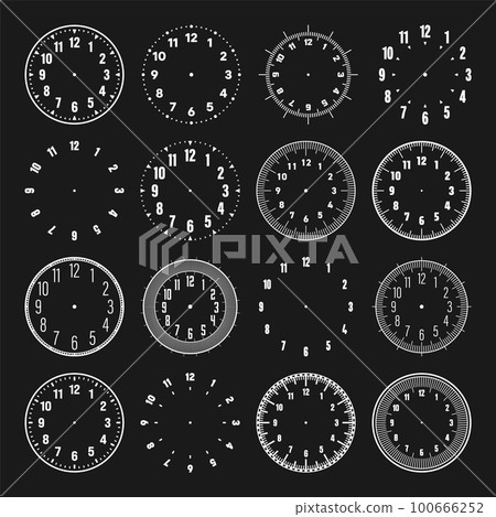 Mechanical clock faces with arabic numerals, bezel. White watch dial with minute, hour marks and numbers. Timer or stopwatch element. Blank measuring circle scale with divisions. Vector illustration 100666252