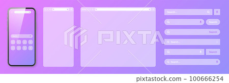 Smartphone, transparent internet browser window with various search bar templates. Web site engine with search box, address bar and text field. Website UI interface elements. Vector illustration 100666254