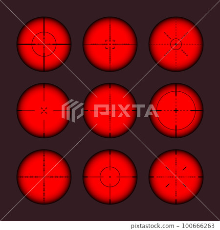 Various weapon thermal infrared sights, sniper rifle optical scopes. Hunting gun viewfinder with crosshair. Aim, shooting mark symbol. Military target sign. Game UI element. Vector illustration 100666263