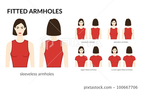 Set of Fitted armhole short length standard, sleeveless, curved raglan sleeves clothes technical fashion illustration Set of Fitted armhole short length standard, sleeveless, curved raglan sleeves clothes technical fashion illustration 100667706