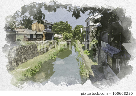 水彩風格的滋賀縣近江八幡市近江八幡護城河 100668250