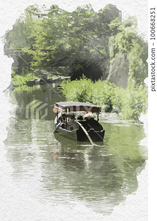 Watercolor style Omihachiman Hachiman moat Omihachiman city, Shiga prefecture Watercolor style Omihachiman Hachiman moat Omihachiman city, Shiga prefecture 100668251