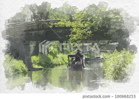 水彩風格的滋賀縣近江八幡市近江八幡護城河 100668253