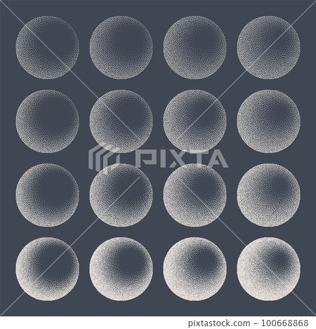 Round shaped dotted objects, stipple elements. Fading gradient. Stippling, dotwork drawing, shading using dots. Pixel disintegration, halftone effect. White noise grainy texture. Vector illustration 100668868