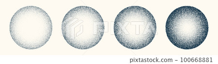Round shaped dotted objects, vintage stipple elements. Fading gradient. Stippling, dotwork drawing, shading using dots. Halftone disintegration effect. White noise grainy texture. Vector illustration Round shaped dotted objects, vintage stipple elements. Fading gradient. Stippling, dotwork drawing, shading using dots. Halftone disintegration effect. White noise grainy texture. Vector illustration 100668881