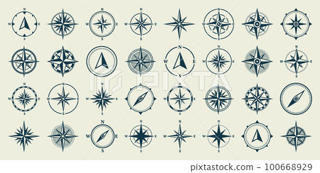Vintage marine wind rose, nautical chart. Monochrome navigational compass with cardinal directions of North, East, South, West. Geographical position, cartography and navigation. Vector illustration. 100668929