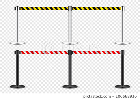 Realistic yellow and red retractable belt stanchion. Crowd control barrier posts with caution strap. Queue lines. Restriction border and danger tape. Attention, warning sign. Vector illustration Realistic yellow and red retractable belt stanchion. Crowd control barrier posts with caution strap. Queue lines. Restriction border and danger tape. Attention, warning sign. Vector illustration 100668930