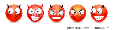 Cartoon emoji, emoticons collection. Red face with emotions, mood. Facial expression, realistic emoji. Sad, happy, angry faces. Funny character with smiling face. Vector illustration Cartoon emoji, emoticons collection. Red face with emotions, mood. Facial expression, realistic emoji. Sad, happy, angry faces. Funny character with smiling face. Vector illustration 100668932
