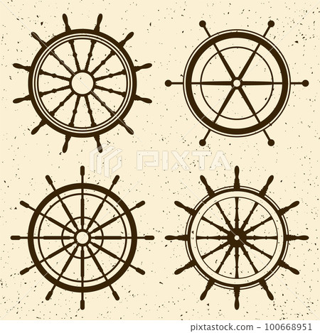 Collection of grunge vintage steering wheels. Ship, yacht retro wheel symbol. Nautical rudder icon. Marine design element. Vector illustration Collection of grunge vintage steering wheels. Ship, yacht retro wheel symbol. Nautical rudder icon. Marine design element. Vector illustration 100668951