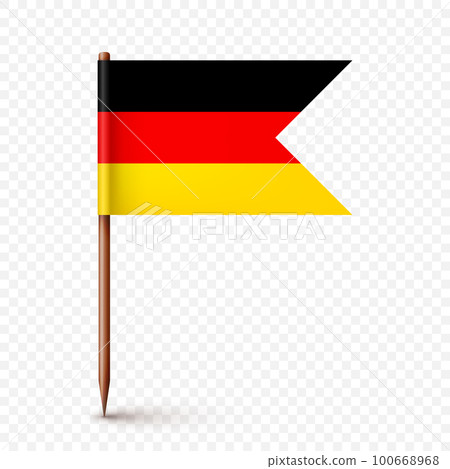 Realistic German toothpick flag. Souvenir from Germany. Wooden toothpick with paper flag. Location mark, map pointer. Blank mockup for advertising and promotions. Vector illustration Realistic German toothpick flag. Souvenir from Germany. Wooden toothpick with paper flag. Location mark, map pointer. Blank mockup for advertising and promotions. Vector illustration 100668968