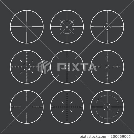 Various sniper rifle sights, weapon optical scope crosshair. Hunting gun viewfinder. Shooting mark symbol, aim. Military target sign. Game interface UI element. Vector illustration Various sniper rifle sights, weapon optical scope crosshair. Hunting gun viewfinder. Shooting mark symbol, aim. Military target sign. Game interface UI element. Vector illustration 100669005