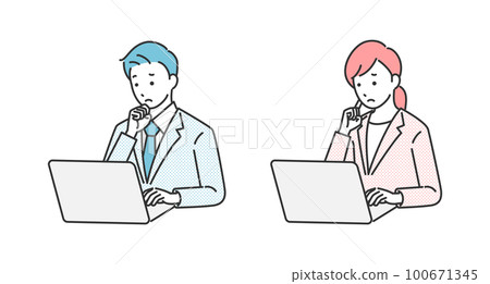 Business person thinking in front of a computer Business person thinking in front of a computer 100671345