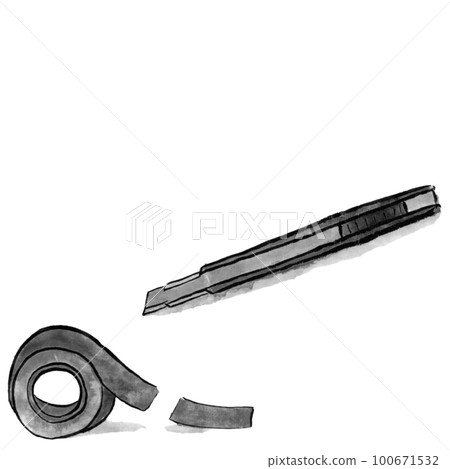 Stationery cutter knife and tape monochrome illustration (ink hand-drawn illustration) 100671532