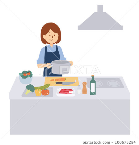 Illustration of a woman cooking in the kitchen 100673284