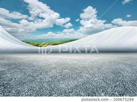 Asphalt ground and curved art building with green mountains, blue sky and white clouds background Asphalt ground and curved art building with green mountains, blue sky and white clouds background 100673289