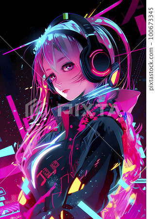 Cute Anime Girl with Headphone Digital Art Stock Illustration