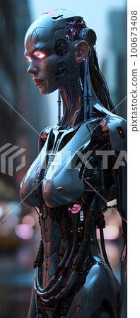 A female cyborg in a cyberpunk cityscape 100673408