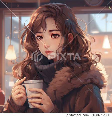 長波美少女在咖啡廳喝熱咖啡「AI生成影像」 100673411