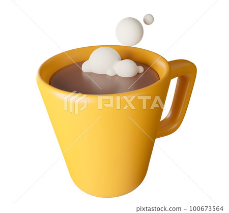 Yellow realistic coffee cup with smoke bubbles on white background, 3D rendering. Yellow realistic coffee cup with smoke bubbles on white background, 3D rendering. 100673564