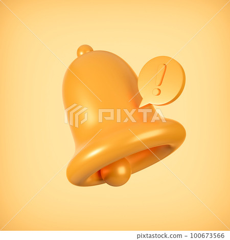 Gold update notification icon with bell alarm icon on gold background, 3D rendering. 100673566