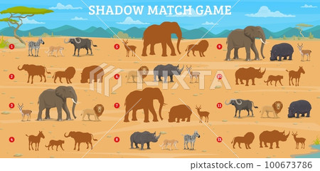 Shadow match game. Cartoon african savannah animals. Vector worksheet with zebra, rhino, buffalo, elephant, lion, antelope, cheetah and hippo silhouettes in savanna. Educational activity for children 100673786