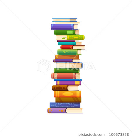 Cartoon stack of books, vector pile of reading materials for education and recreation. Stacked library learning educational or scientific paper volumes for giving facts and knowledge information Cartoon stack of books, vector pile of reading materials for education and recreation. Stacked library learning educational or scientific paper volumes for giving facts and knowledge information 100673858
