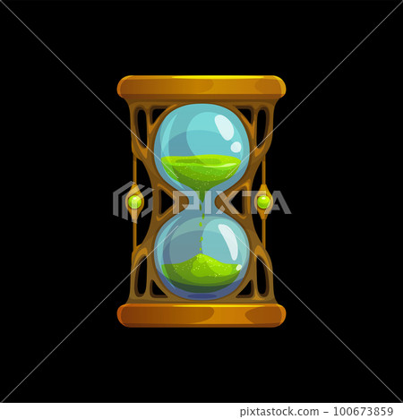 Magic sand glass clock, isolated sandglass or hourglass, cartoon vector. Fantasy or fairy tale time hour timer or sand glass clock with green crystal sand flow in sandglass or magic hourglass Magic sand glass clock, isolated sandglass or hourglass, cartoon vector. Fantasy or fairy tale time hour timer or sand glass clock with green crystal sand flow in sandglass or magic hourglass 100673859