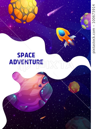 Space landing page, cartoon spaceship in starry galaxy. Vector futuristic poster with shuttle engine or spacecraft travel in Universe explore alien planets, stars and asteroids. Cosmic mission, trip 100673914