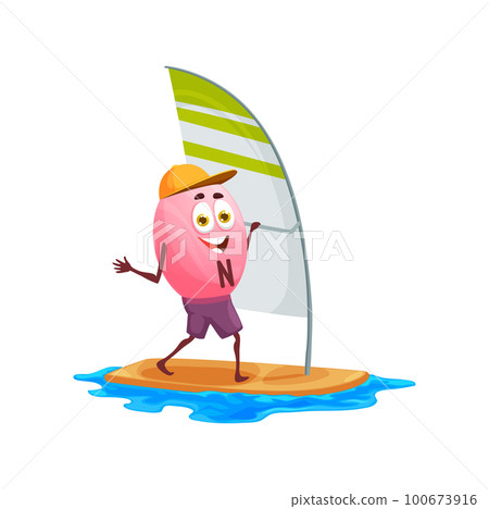 Cartoon vitamin N character on windsurfing. Vector pink food supplement capsule sailboarding in sea. Isolated lipoic acid personage in cap and shorts actively resting maintaining healthy lifestyle 100673916