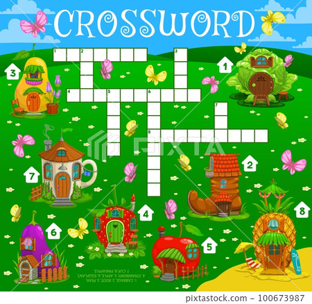 Crossword quiz game grid, fairytale magic houses and dwellings, vector quiz game. Crossword worksheet to guess word of elf home in cabbage, teapot and boot, gnome house hut in pineapple and apple 100673987