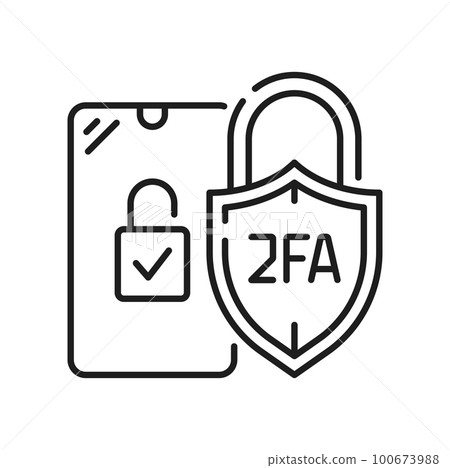 2FA two factor verification or 2 step authentication icon, vector mobile phone and padlock shield. 2FA password verification for access authorization, user secure identification and data privacy 100673988