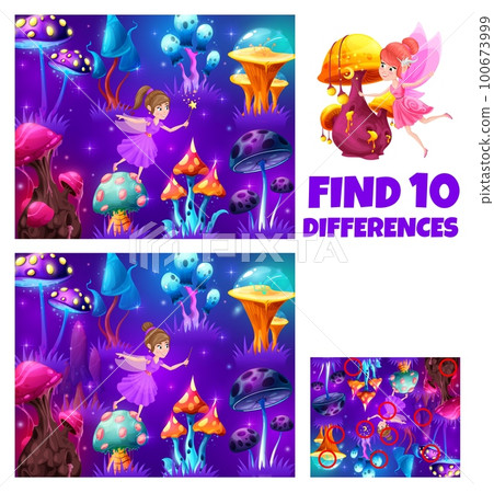 Kids game fairy and magic forest with purple luminous mushrooms. Find ten differences game worksheet with cartoon fantasy pixie characters in mysterious wood. Educational leisure activity for children Kids game fairy and magic forest with purple luminous mushrooms. Find ten differences game worksheet with cartoon fantasy pixie characters in mysterious wood. Educational leisure activity for children 100673999