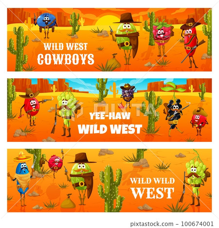 Cartoon wild west berry ranger, cowboy and bandit characters. Vector banners with blueberry, gooseberry, raspberry and barberry. Rosehip and grape, cranberry and blackberry desert western personages 100674001